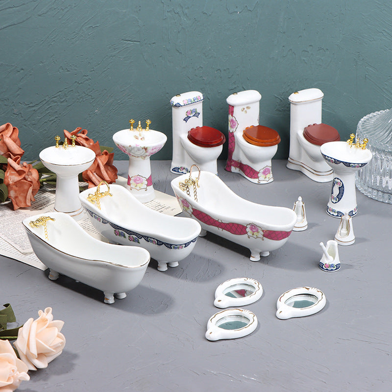1:12 Scale Dollhouse Miniature Ceramic Bathroom Set – 5-Piece Furniture Model for Dollhouse Decor