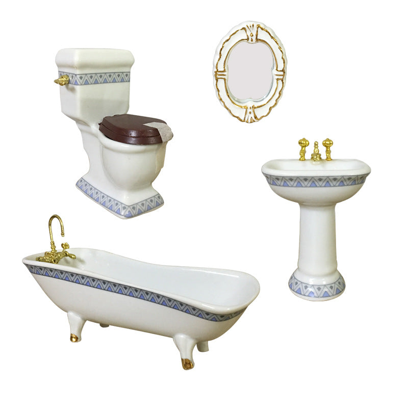 1:12 Scale Dollhouse Miniature Ceramic Bathroom Set – 4-Piece Furniture Model for Dollhouse Decor