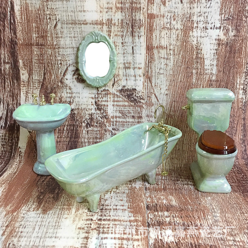 1:12 Scale Dollhouse Miniature Ceramic Bathroom Set – 4-Piece Furniture Model for Dollhouse Decor