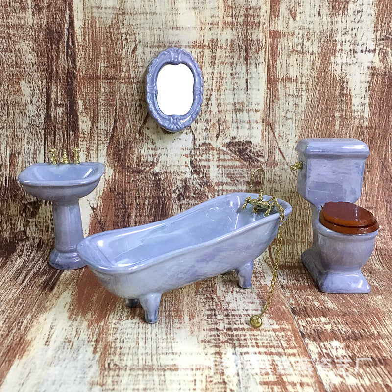 1:12 Scale Dollhouse Miniature Ceramic Bathroom Set – 4-Piece Furniture Model for Dollhouse Decor