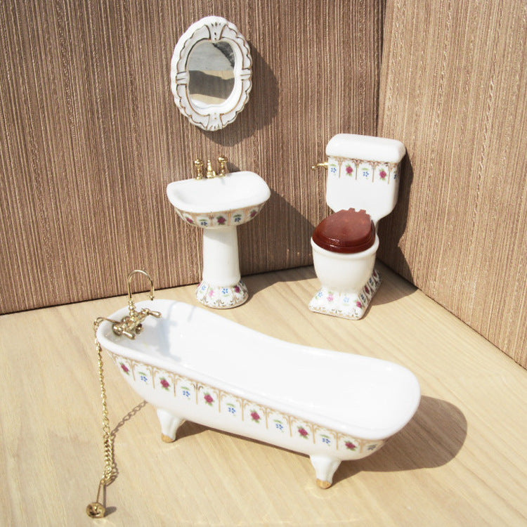 1:12 Scale Dollhouse Miniature Ceramic Bathroom Set – 4-Piece Furniture Model for Dollhouse Decor