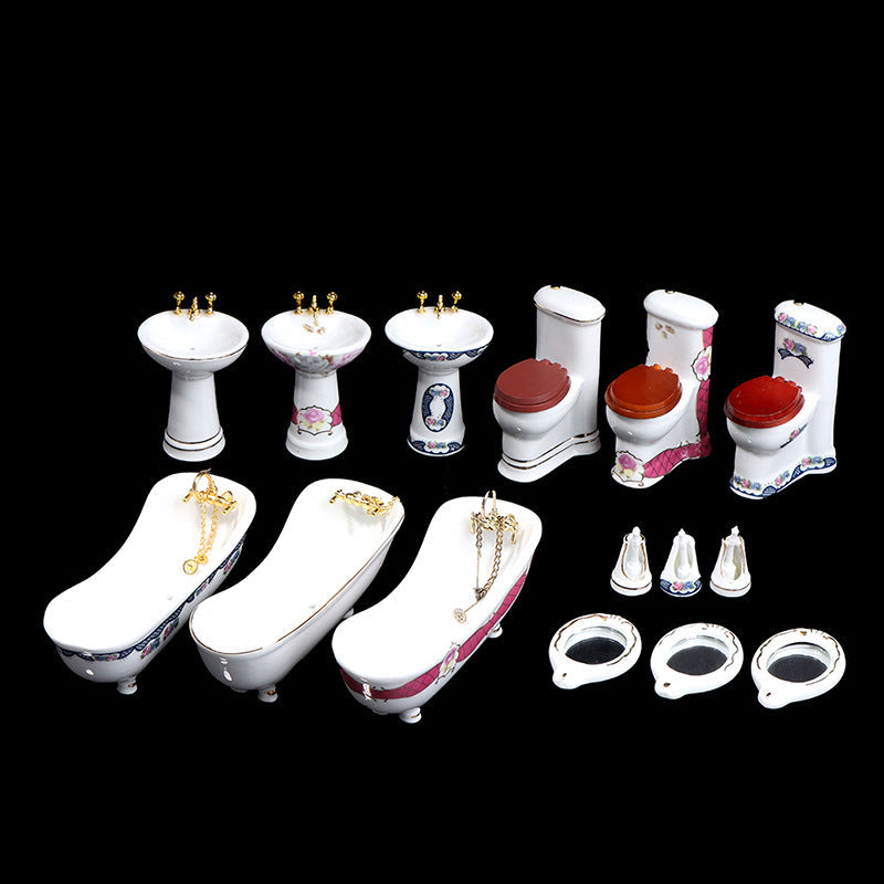 1:12 Scale Dollhouse Miniature Ceramic Bathroom Set – 5-Piece Furniture Model for Dollhouse Decor