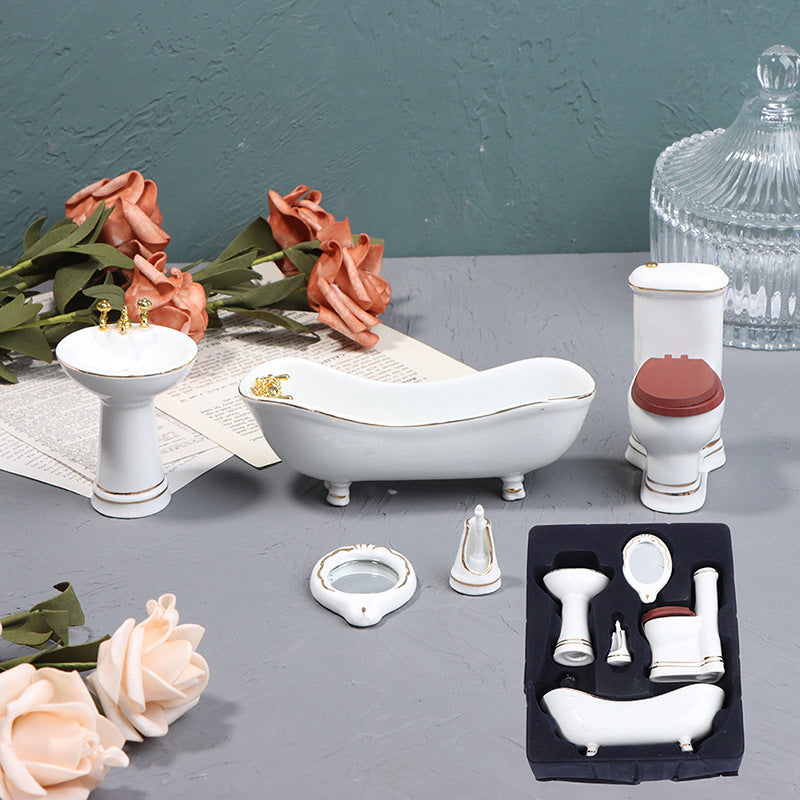 1:12 Scale Dollhouse Miniature Ceramic Bathroom Set – 5-Piece Furniture Model for Dollhouse Decor