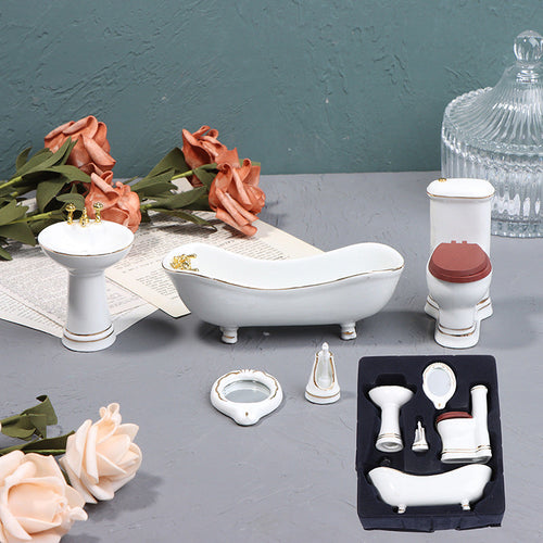 1:12 Scale Dollhouse Miniature Ceramic Bathroom Set – 5-Piece Furniture Model for Dollhouse Decor