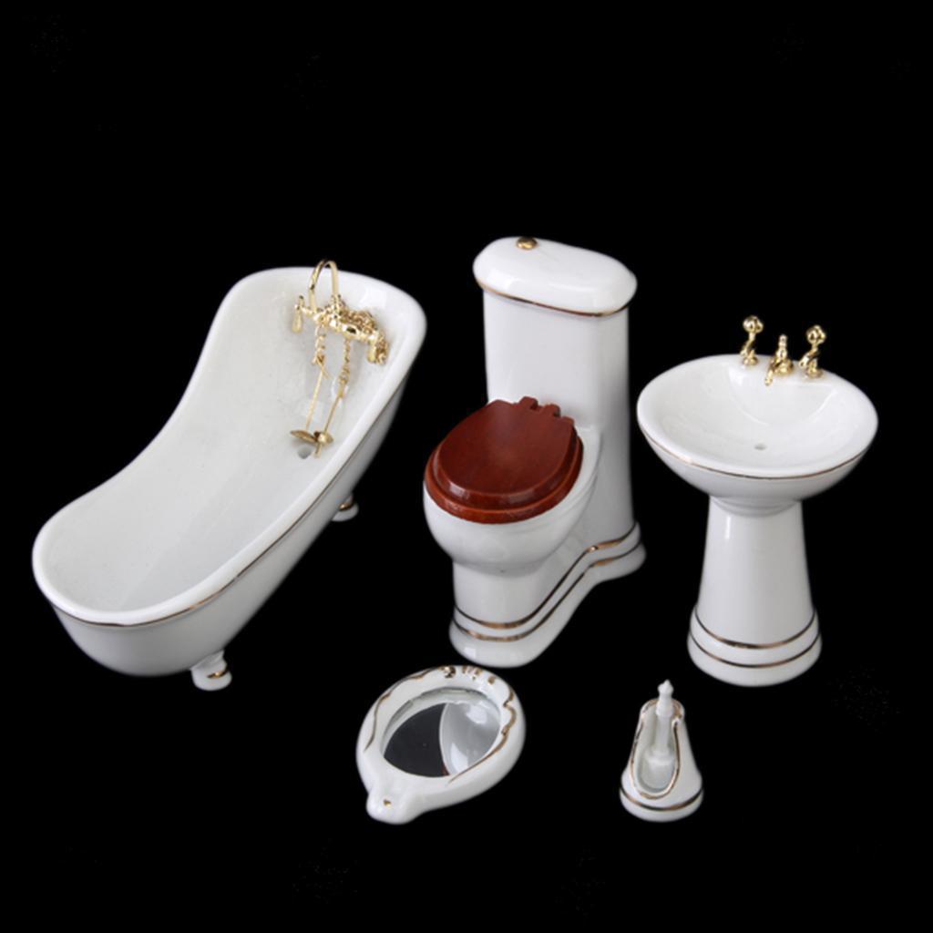 1:12 Scale Dollhouse Miniature Ceramic Bathroom Set – 5-Piece Furniture Model for Dollhouse Decor