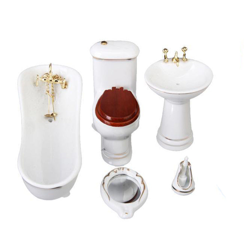 1:12 Scale Dollhouse Miniature Ceramic Bathroom Set – 5-Piece Furniture Model for Dollhouse Decor
