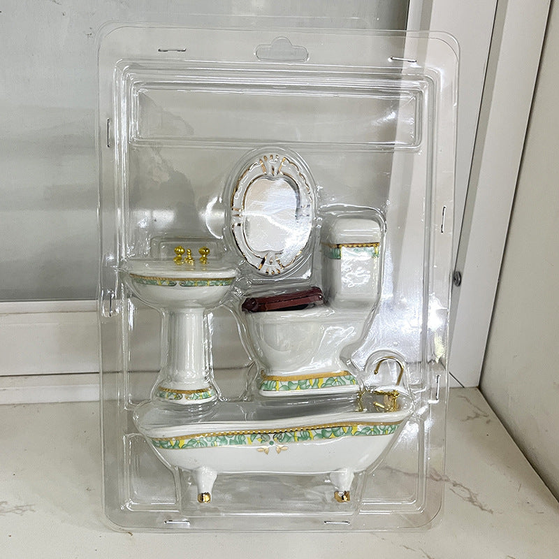 1:12 Scale Dollhouse Miniature Ceramic Bathroom Set – 4-Piece Furniture Model for Dollhouse Decor