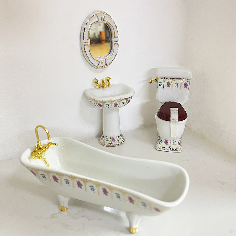 1:12 Scale Dollhouse Miniature Ceramic Bathroom Set – 4-Piece Furniture Model for Dollhouse Decor
