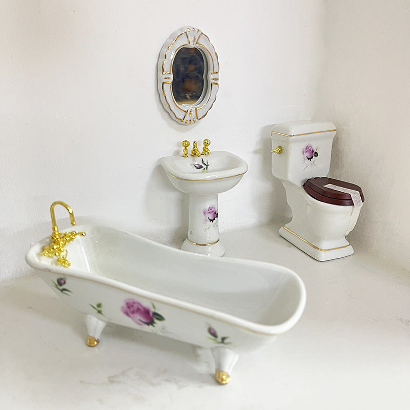 1:12 Scale Dollhouse Miniature Ceramic Bathroom Set – 4-Piece Furniture Model for Dollhouse Decor