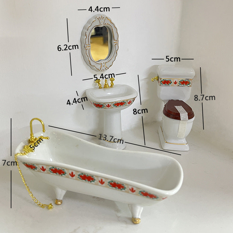 1:12 Scale Dollhouse Miniature Ceramic Bathroom Set – 4-Piece Furniture Model for Dollhouse Decor
