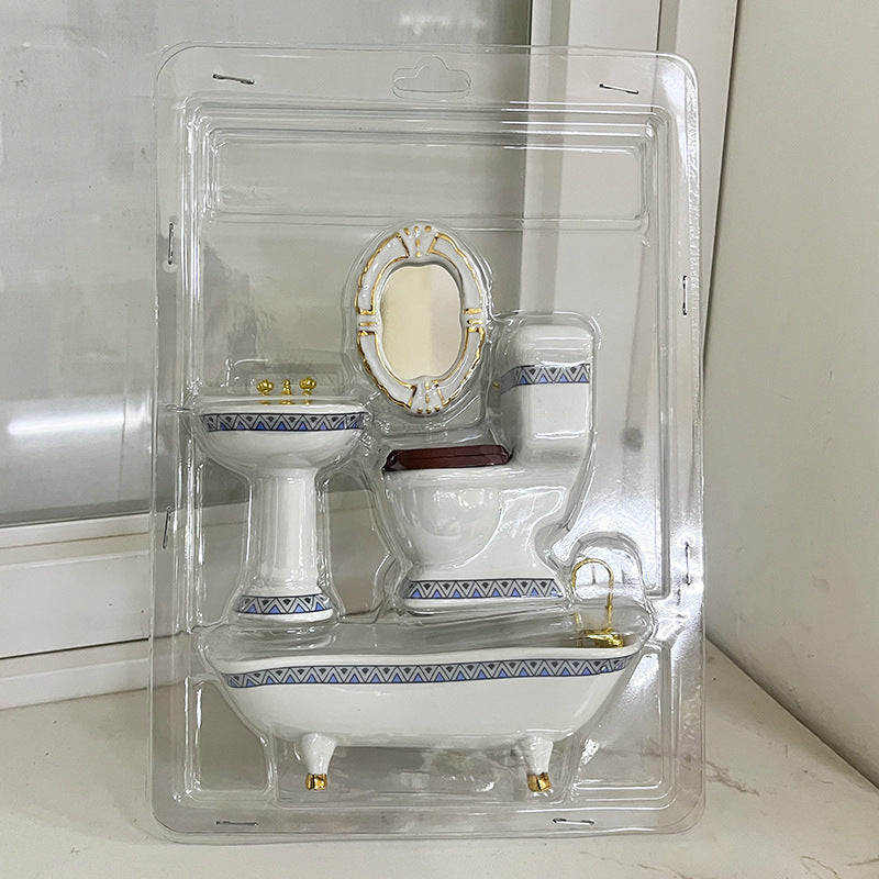 1:12 Scale Dollhouse Miniature Ceramic Bathroom Set – 4-Piece Furniture Model for Dollhouse Decor
