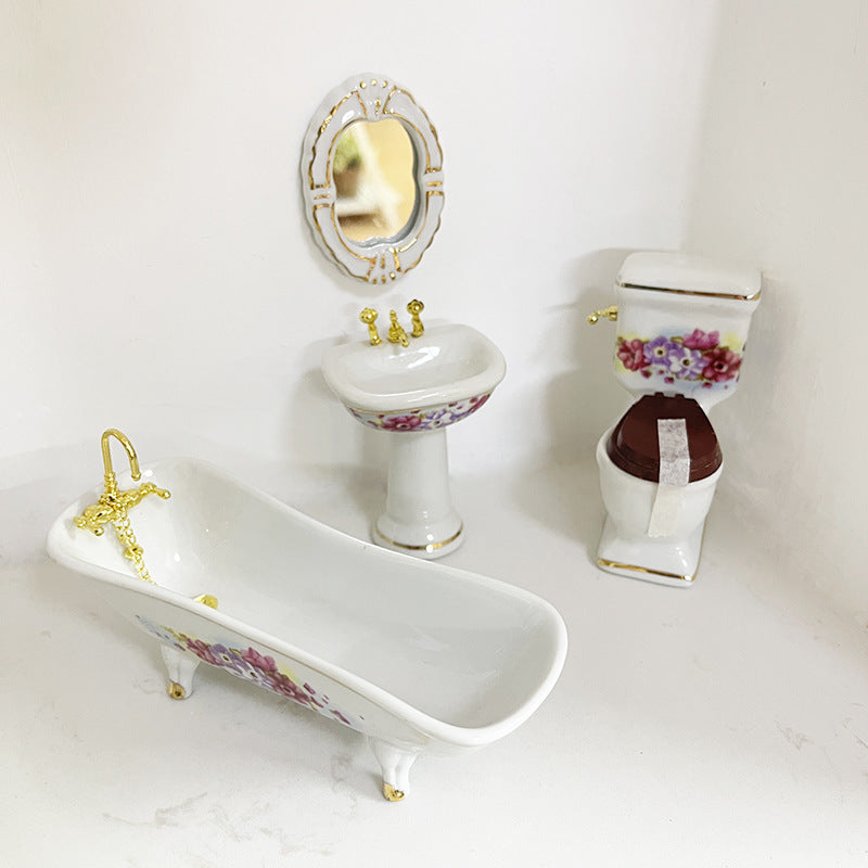 1:12 Scale Dollhouse Miniature Ceramic Bathroom Set – 4-Piece Furniture Model for Dollhouse Decor