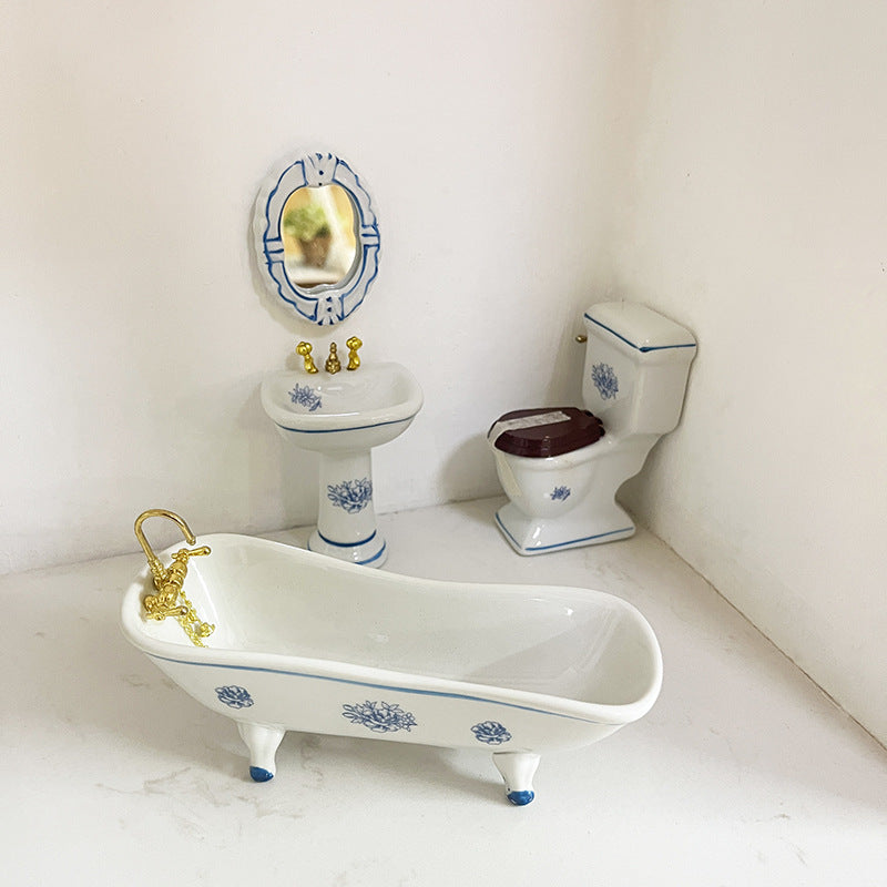 1:12 Scale Dollhouse Miniature Ceramic Bathroom Set – 4-Piece Furniture Model for Dollhouse Decor