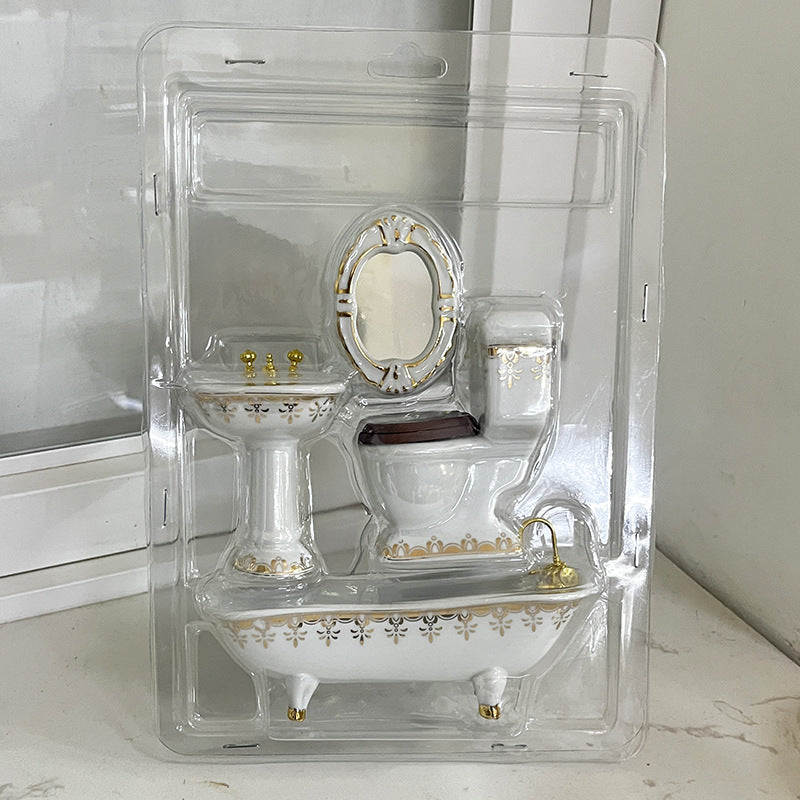 1:12 Scale Dollhouse Miniature Ceramic Bathroom Set – 4-Piece Furniture Model for Dollhouse Decor